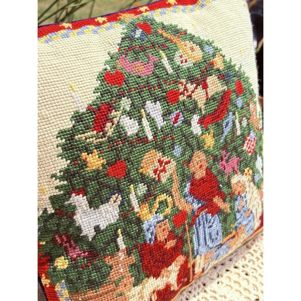 Vintage Wool Needlepoint Christmas Throw Pillow Zipper Velvet Back Tree Nativity
